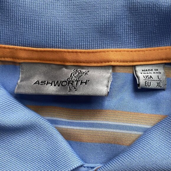 Ashworth Golf Polo Shirt Mens Large Blue Orange Short Sleeves Stripes Size Large - Picture 6 of 9